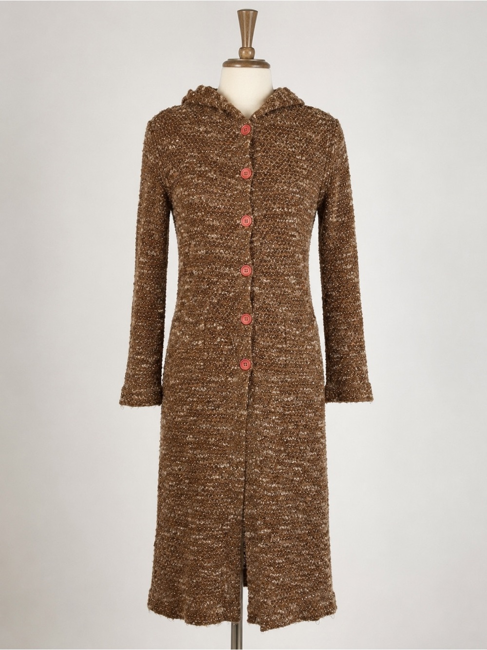 Vintage Clovis USA Hooded Boucle Sweater Coat Brown Duster Boho USA Sz M Y2K